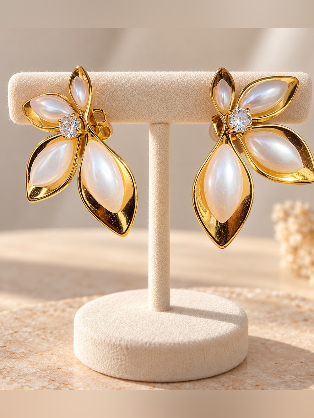 Elegant Gold Leaf Pearl  Drop Earrings